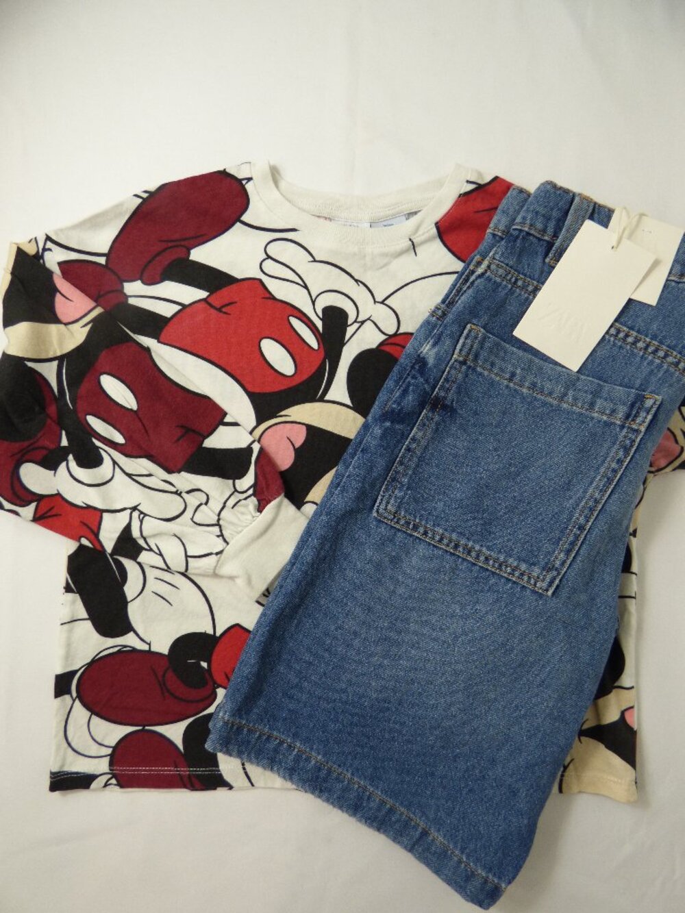 ZARA Mickey Mouse Long Sleeve Shirt and NWT Baggy Denim Shorts Set, Size 9 Years